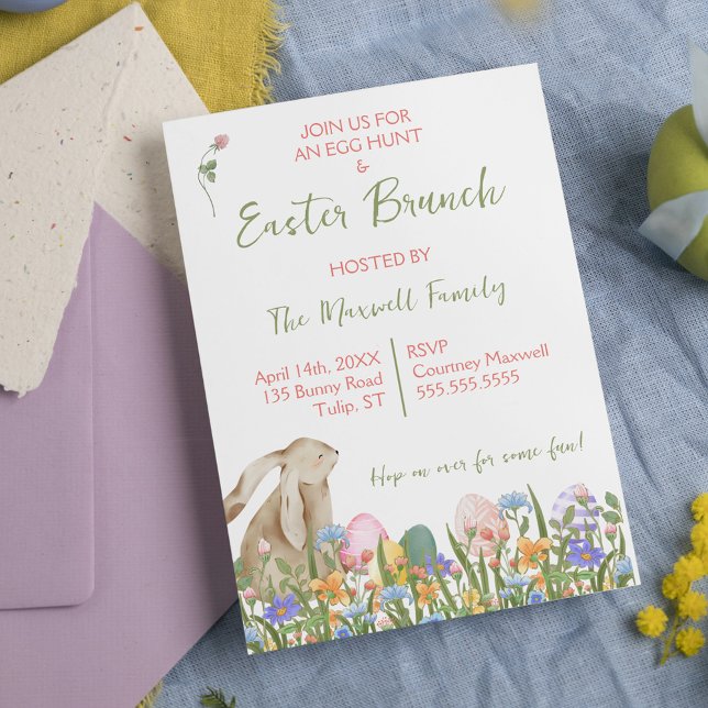 Convites Páscoa Floral de Coelho de Aquarela Brunch e Caça  (Watercolor Floral Rabbit Easter Brunch & Egg Hunt Invitation
)