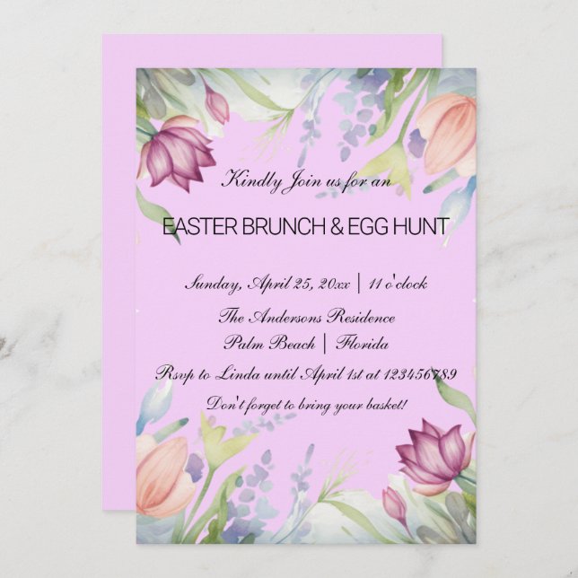 Convites Páscoa Floral de Tulip de Aquarela Brunch e Caça d (Frente/Verso)