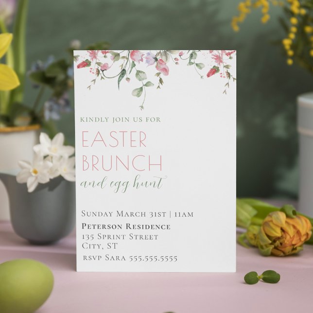 Convites Páscoa Floral Elegante Cor de Água Rosa (Elegant Pink Watercolor Floral Easter Brunch Invitation)