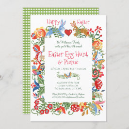 Convites Páscoa Folha Floral Coelho Coelho Gingham Ovo Caça