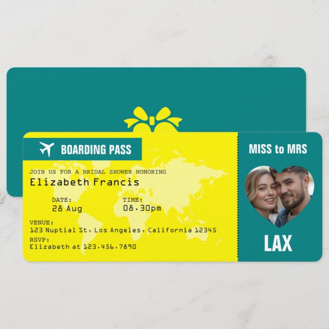 Convites Passagem de Embarque Amarelo Limão e Azul Turquesa (Frente/Verso)