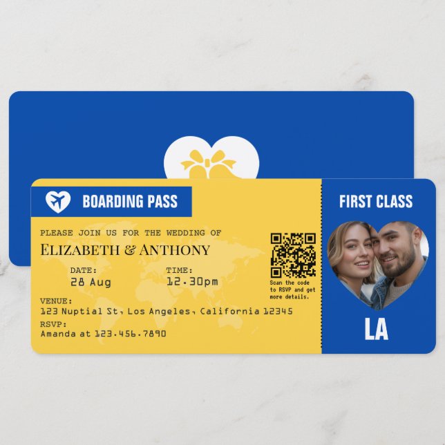 Convites Passagem de Embarque Azul Cobalto e Amarelo Limão  (Frente/Verso)
