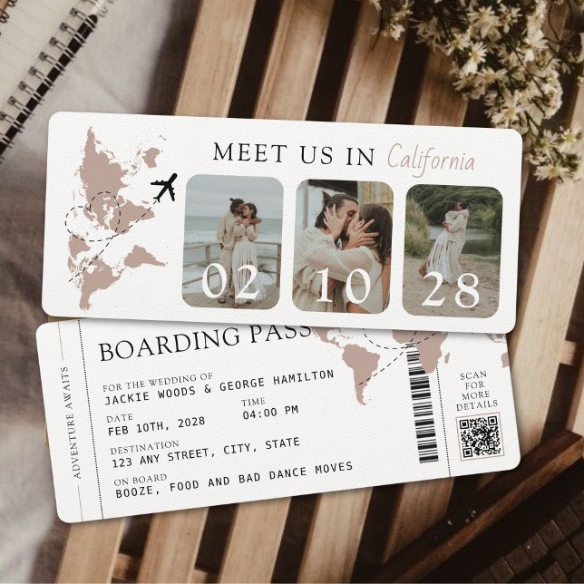 Convites Passagem de Embarque Bege Neutro 3 Fotos Casamento (Boarding Pass Unique Wedding Invitation with 3 Photos Meet us In Destination Passport Travel Beige)