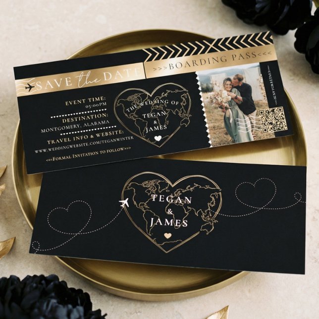 Convites Passagem de Embarque Black Gold Casamento Save The (Boarding Pass Black Gold Wedding Save The Date Invitation)