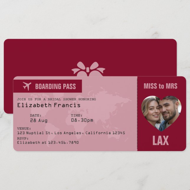 Convites Passagem de Embarque Borgonha e Dourado Rosa Chá d (Frente/Verso)