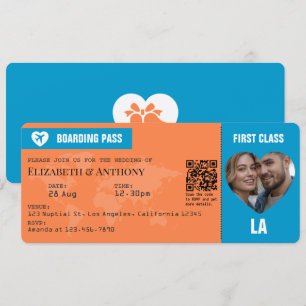 Convites Passagem de Embarque Casamento Laranja e Azul Lago