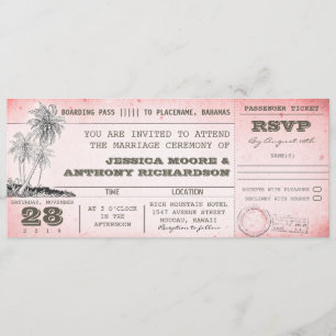 Convites passagem de embarque cor-de-rosa do casamento do