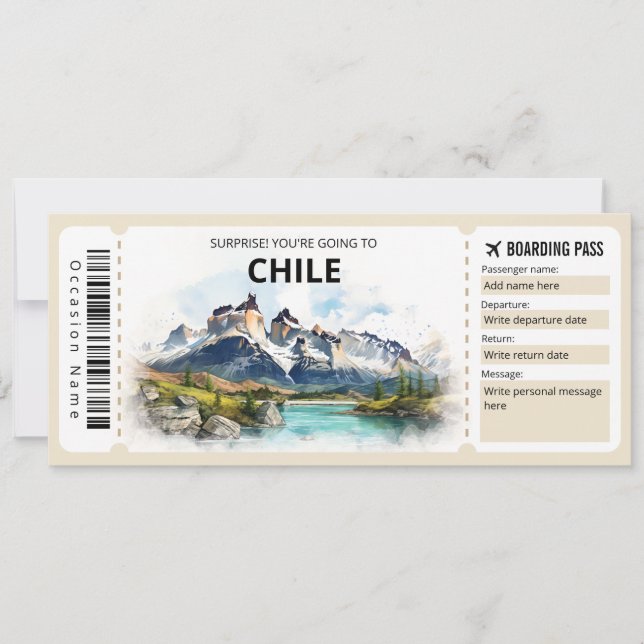 Convites Passagem de Embarque de Plano do Chile Editável (Frente)