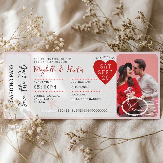 Convites Passagem de Embarque do Dia dos Namorados Salve a  (Valentine Airplane Boarding Pass Save The Date Invitation)