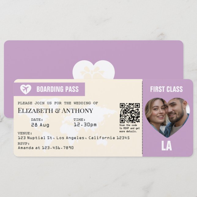 Convites Passagem de Embarque Lavanda & Creme Casamento (Frente/Verso)