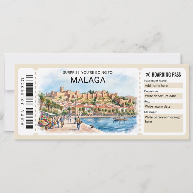 Convites Passagem de Embarque para Viagem a Málaga Espanha (Frente)