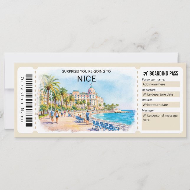 Convites Passagem de Embarque para Viagem Nice França Bilhe (Frente)