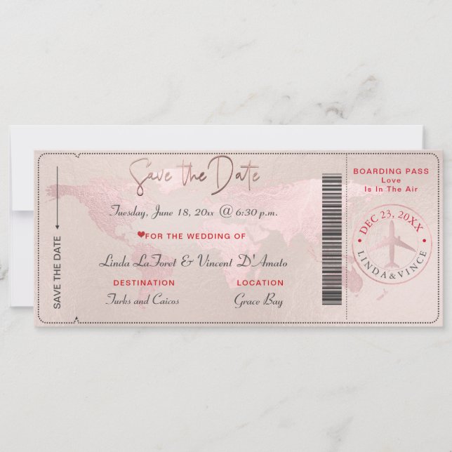 Convites Passagem de Embarque Save the Date, Mapa Mundi Ros (Frente)