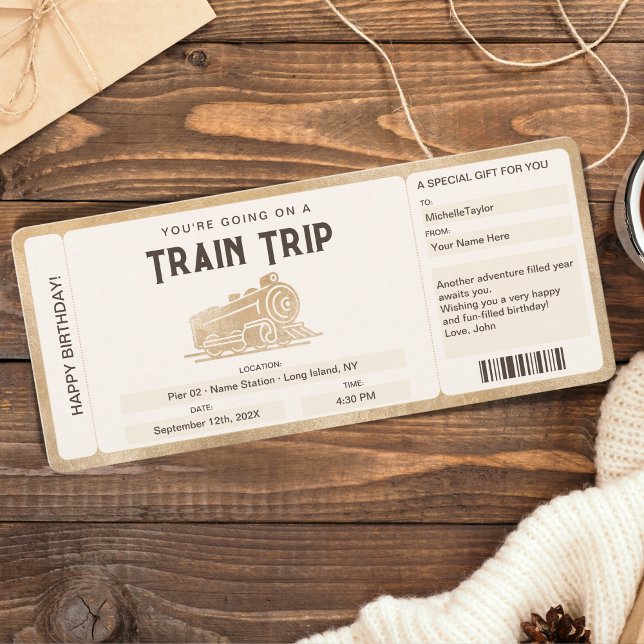 Convites Passagem de Embarque Surpresa Bilhete Trem Viagem (surprise train trip ticket with golden train)