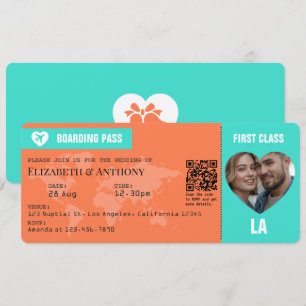 Convites Passagem de Embarque Turquesa e Coral Casamento
