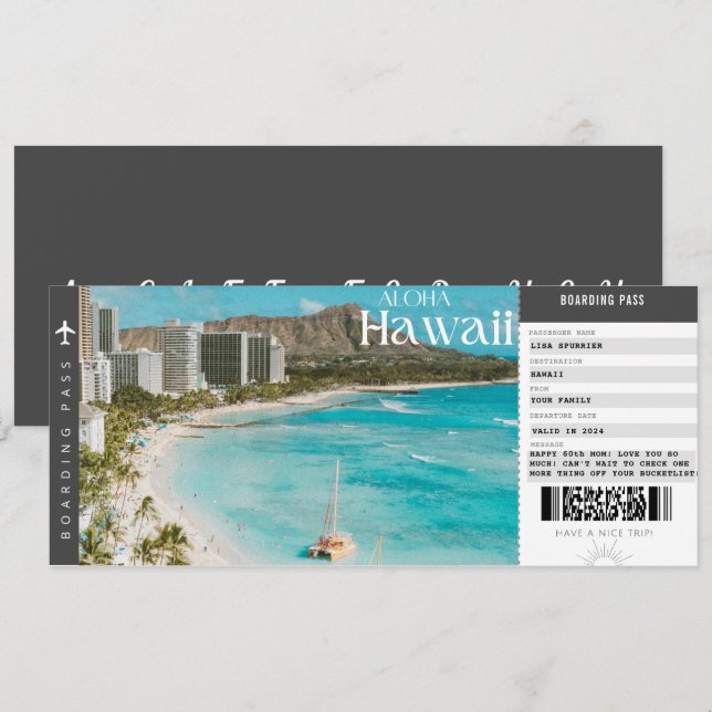 Convites Passagem de Embarque Viagem Havaí Férias Bilhete (Frente/Verso)