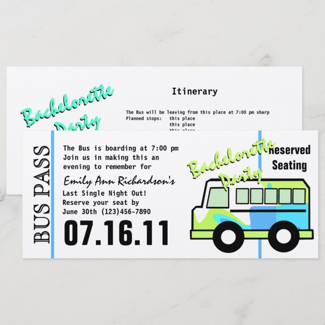 Convites Passagem de Ônibus para Festa de Solteira (Frente/Verso)