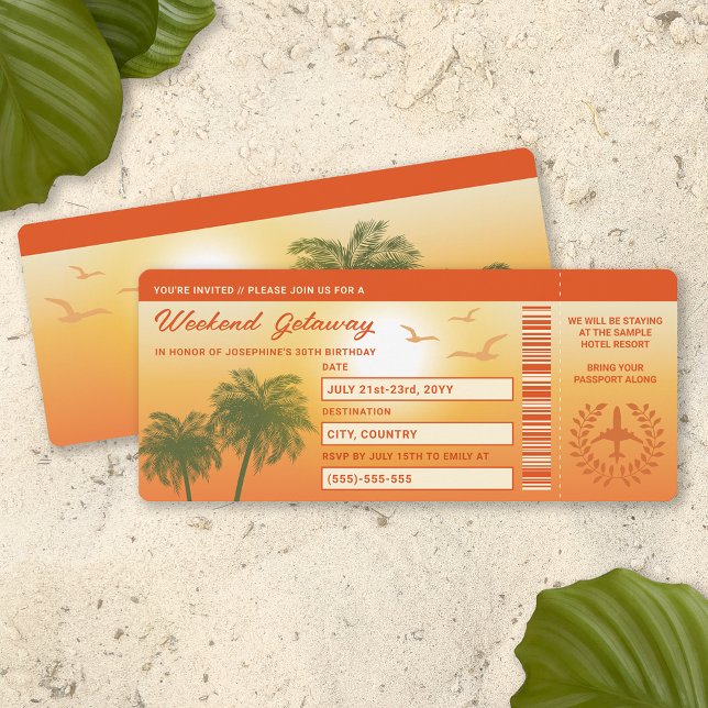 Convites Passagem Tropical de Aniversário Getaway Faux Emba (This design is ideal for birthday trips to warm places, weekend getaways, bachelorette trips etc.)