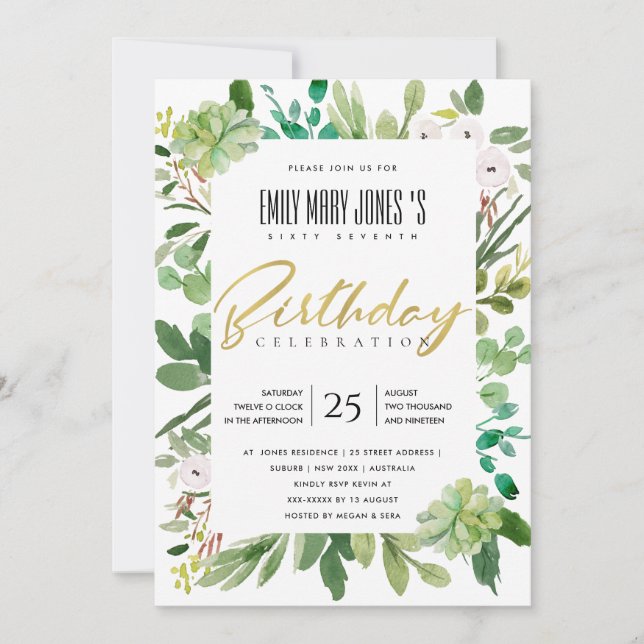 CONVITES PASSAGEM VERDE WATERCOLOR WREATH QUALQUER ANIVERSÁ (Frente)