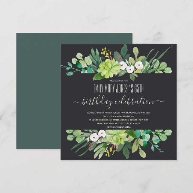 CONVITES PASSAGEM VERDE WATERCOLOR WREATH QUALQUER ANIVERSÁ (Frente/Verso)