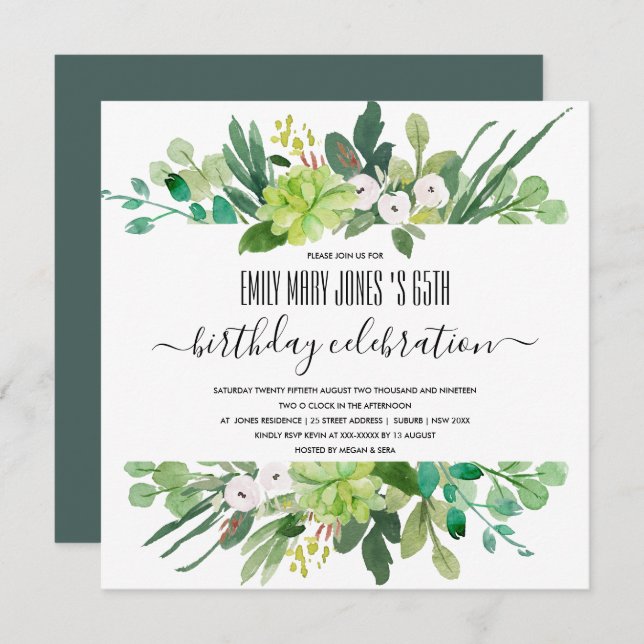 CONVITES PASSAGEM VERDE WATERCOLOR WREATH QUALQUER ANIVERSÁ (Frente/Verso)