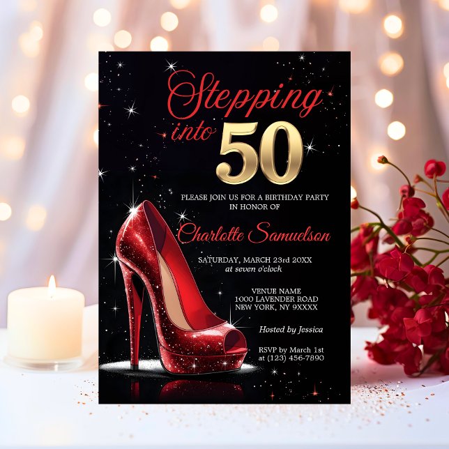 Convites Passando para 50 BIRTHDAY Red High Heels 50 (Stepping into 50 BIRTHDAY Red High Heels Fifty Invitation)