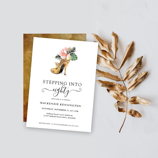 Convites Passando Para 80 Chic Floral Dourado Heels Anivers (Criador carregado)