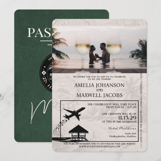 Convites Passaporte Casamento Maldivas Verde (Frente/Verso)