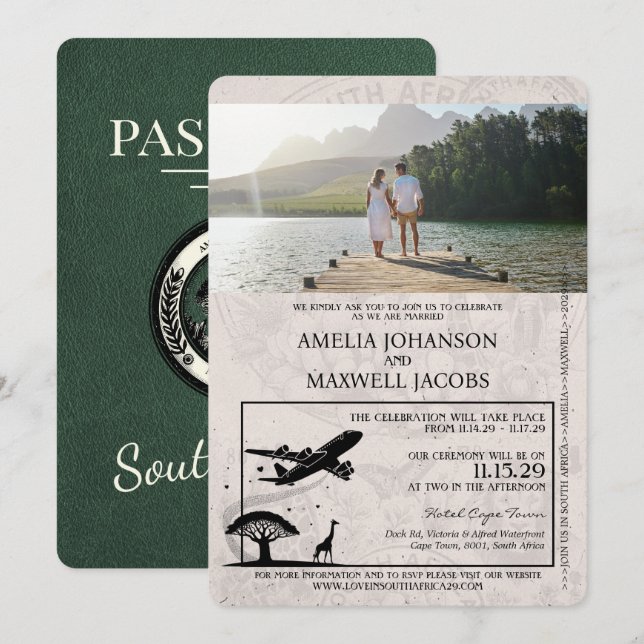 Convites Passaporte Casamento Sul África Verde (Frente/Verso)