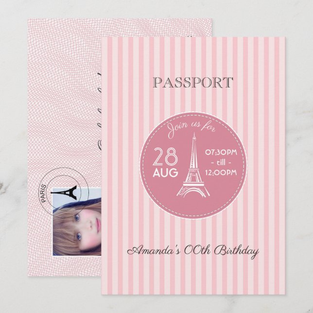 Convites Passaporte de Aniversário com Tema Paris Rosa Adic (Frente/Verso)