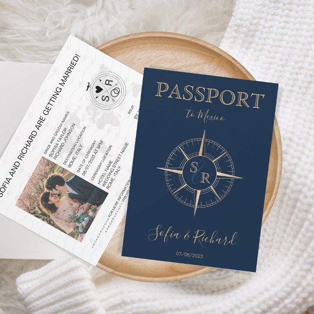 Convites Passaporte de Destino Monograma Dourado Compass (passport gold compass monogram
)
