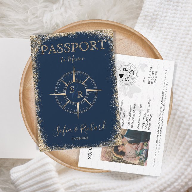 Convites Passaporte de Destino Monograma Dourado Compass (Criador carregado)