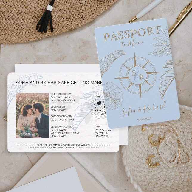 Convites Passaporte de Destino Palm Compass Monograma (dusty blue passport with golden compass and palm leaves )