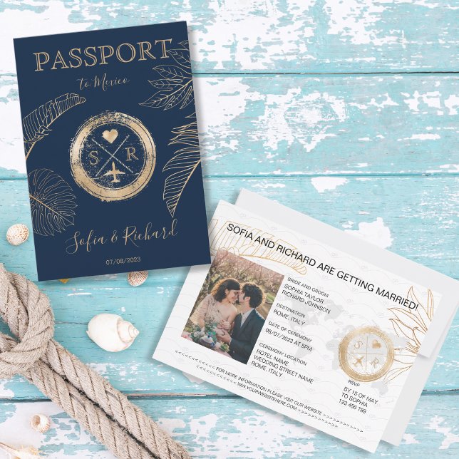 Convites Passaporte de Destino Palm Plane Monograma (passport navy blue with gold stamp and palm leaves)