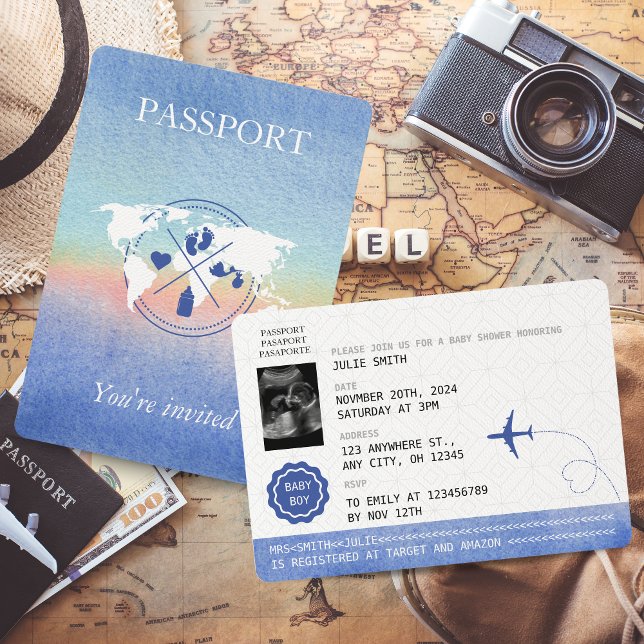 Convites Passaporte Gênero Neutro Viagem Chá de Bebê Arco-Í (Criador carregado)