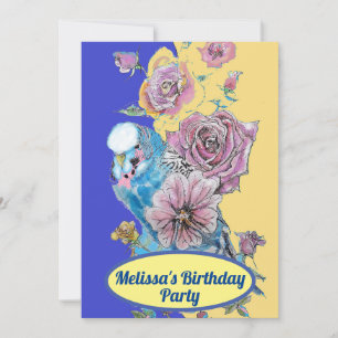 Convites Pássaro Azul Budgie Aniversário Meninas Flores de