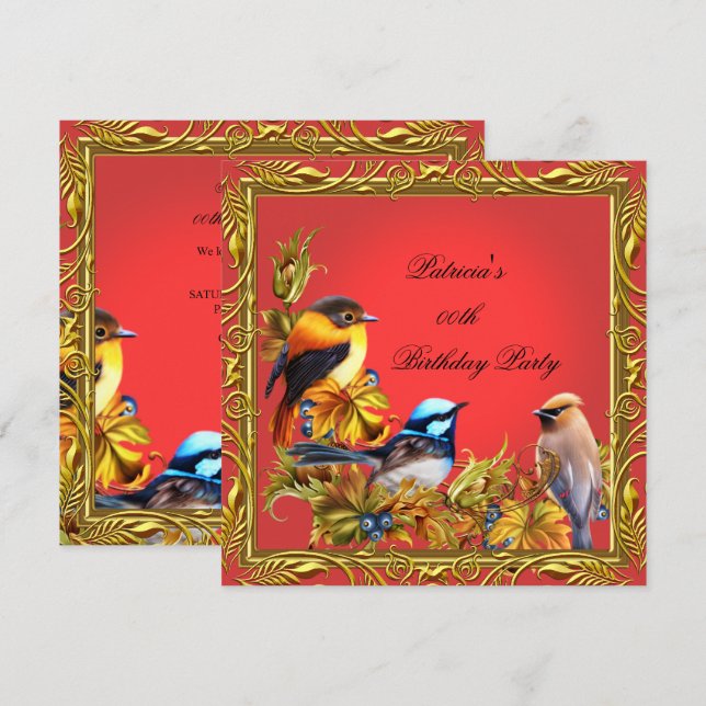 Convites Pássaro Azul Elegante Pássaro Vermelho Dourado Fes (Frente/Verso)