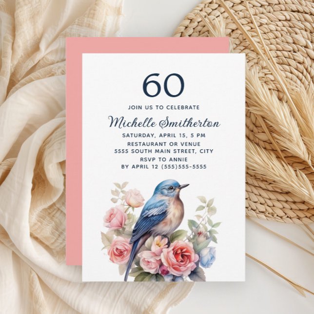 Convites Pássaro Azul Flores Rosa 60º Aniversário (Blue bird and pink floral 60th birthday party invitation)