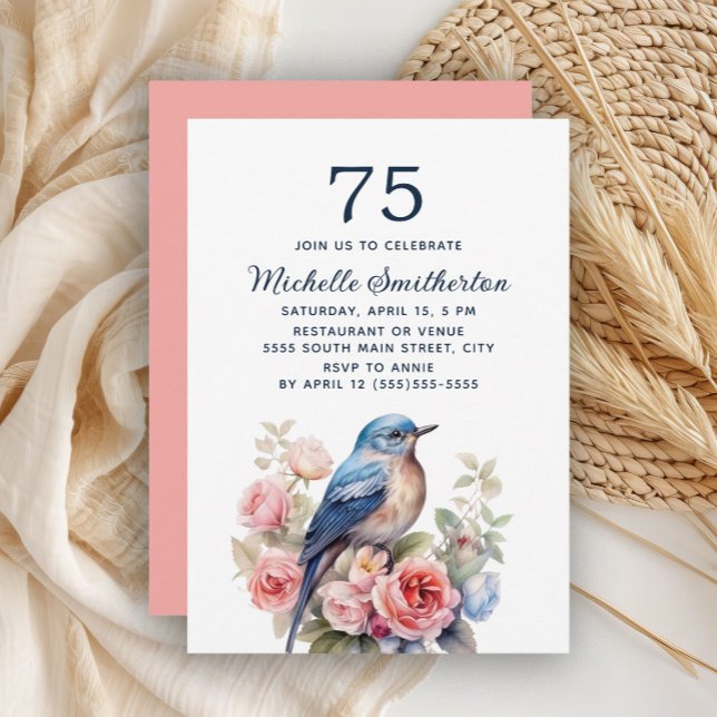 Convites Pássaro Azul Flores Rosa 75º Aniversário (Blue bird and pink floral 75th birthday invitation)