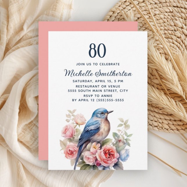 Convites Pássaro Azul Flores Rosa 80º Aniversário (Blue bird and pink floral 80th birthday invitation)