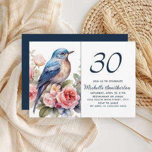 Convites Pássaro Azul Flores Rosa Aniversário de 30 anos