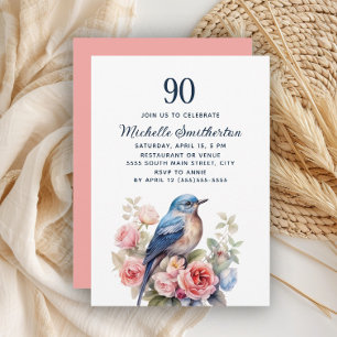 Convites Pássaro Azul Flores Rosa Aniversário de 90 anos