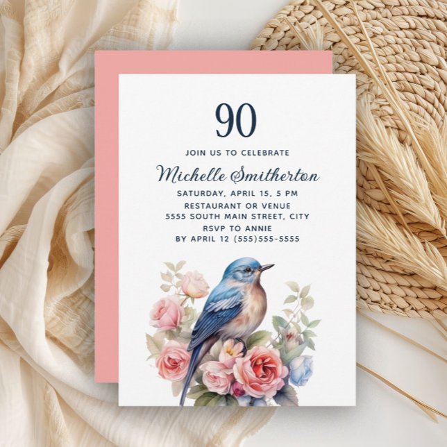 Convites Pássaro Azul Flores Rosa Aniversário de 90 anos (Blue bird and pink floral 90th birthday invitation)