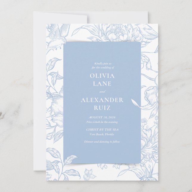 Convites Pássaro Botânico Francês Azul Floral Casamento (Frente)