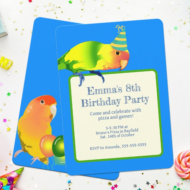 Convites Pássaro-do-mato-Festa de aniversário-do-mato-escur (Birthday lovebirds kids party invitation)
