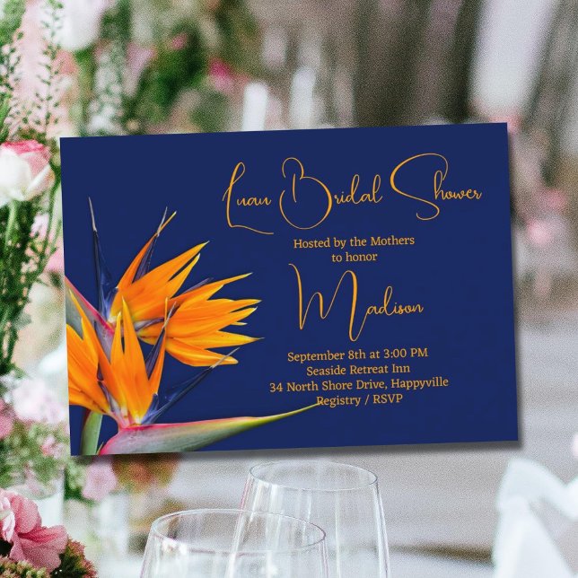 Convites Pássaro Laranja Chá de panela Luau do Paraíso Desi (Criador carregado)