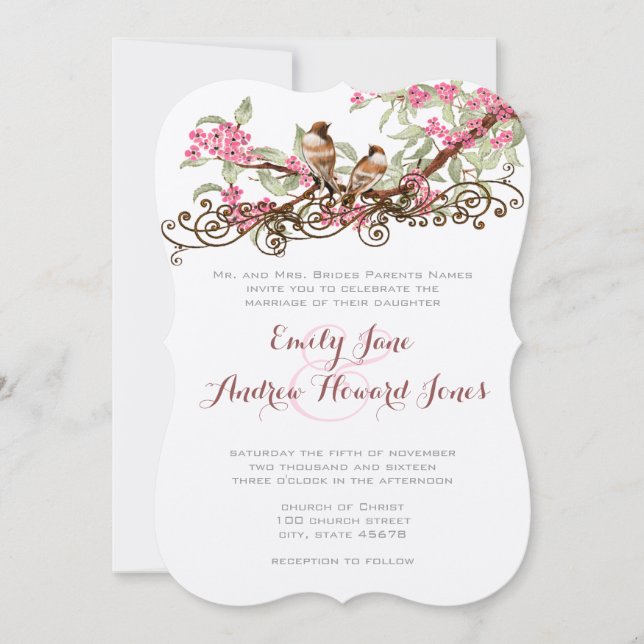 Convites Pássaros Adoram Pássaros Rosa e Florestais Verdes  (Frente)