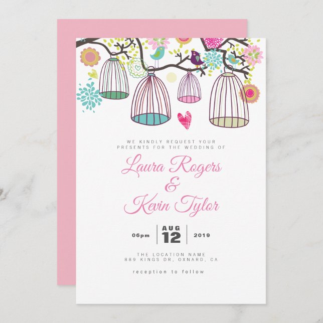 Convites Pássaros Adoráveis Gaiolas E Flores De Retro (Frente/Verso)