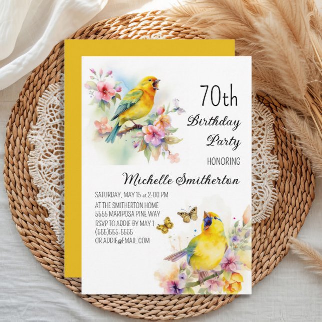 Convites Pássaros Antigos Canários Flores 70º Aniversário (Yellow canary women's 70th birthday party invitation)