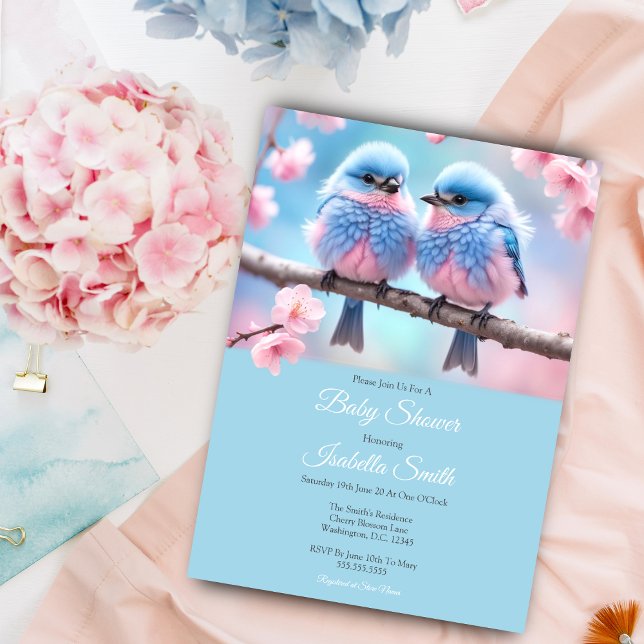 Convites Pássaros Azuis Fofos e Chuveiro de Bebê de Flor de (A sweet baby shower invitation for twins or gender reveal party!)